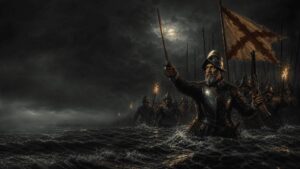 Ilustración cinematográfica en tonos oscuros y dorados de Cristóbal de Mondragón liderando a los Tercios a pie por el mar durante el Socorro de Goes.