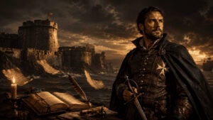 Retrato cinematográfico de Alonso de Contreras con jubón de cuero y cruz de Malta frente a una fortaleza mediterránea y documentos antiguos del Siglo de Oro.