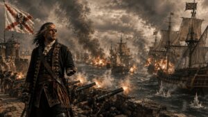 El almirante Blas de Lezo con parche y casaca militar dirigiendo la defensa artillera de Cartagena de Indias frente a la flota británica en llamas.