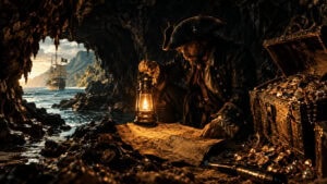 Corsario del siglo XVII examinando un mapa junto a un cofre de tesoro lleno de oro en una cueva oscura del Caribe.