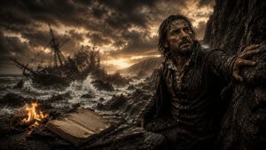 Retrato cinematográfico de Francisco de Cuéllar en los acantilados de Irlanda junto a los restos de un naufragio de la Grande y Felicísima Armada.