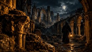 Ruinas nocturnas del monasterio de San Pedro de Arlanza con un monje portando una linterna entre los arcos medievales.
