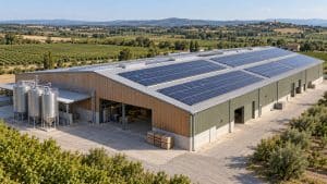 Toiture d’une usine française équipée de panneaux photovoltaïques, avec des bâtiments industriels en arrière-plan