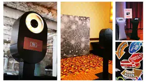 A collage shows a modern Fastbooth photobooth in Grand Rapids MI with a ring light, a patterned backdrop, two podiums with screens, and a collection of colorful tech-themed stickers. Corporate photobooth rental moments