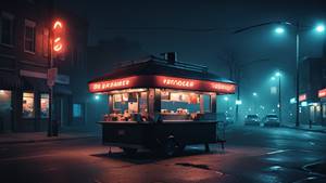 Cinematic photorealistic horror thumbnail, 300x150 aspect ratio. A mysterious old-fashioned burger cart standing beneath a broken streetlight on an empty suburban street at midnight. A flickering neon sign casts a faint red glow over greasy chrome surfaces. Thick unnatural fog drifts across cracked pavement, and a shadowy male vendor stands motionless behind the grill. An appetizing burger rests on the counter, but a tiny orange glow emanates from beneath its bun. Deep shadows, eerie blue-black night tones, subtle crimson lighting, unsettling atmosphere, realistic textures, cinematic composition, fine film grain, no text, no letters, no typography, no watermark.