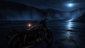 **Prompt:** A cinematic, photorealistic psychological horror thumbnail, no text. An old motorcycle parked alone at a deserted highway rest stop in Hokkaido, Japan, late at night. Cold blue moonlight and faint orange light illuminate the motorcycle, with a small mysterious orange orb hovering near its center. Dense mist drifts across the empty parking lot, and a dark mountain road disappears into the distance. In the motorcycle's rearview mirror, a barely visible pale human face appears as a subtle, unsettling reflection. The atmosphere conveys grief, an ominous premonition, and a mysterious chain of deaths connected to an inherited motorcycle. Restrained supernatural elements, eerie realism, cinematic lighting, deep shadows, subtle film grain, highly detailed, unsettling but not graphic, no people clearly visible, no text, no lettering, no watermark, 16:9 aspect ratio.