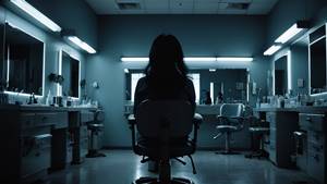 Cinematic photorealistic horror thumbnail, 300x150 aspect ratio. Inside a dim Japanese beauty salon after closing hours, a tired female employee stands beneath flickering fluorescent lights, staring at an empty salon chair. A faint, distorted human silhouette appears as an eerie shadow above the chair, suggesting a glimpse of a tragic future. Subtle reflections in mirrors, abandoned nail tools, muted blue-gray tones, unsettling realistic atmosphere, deep shadows, fine film grain, no text, no letters, no numbers, no logos, no graphic violence.