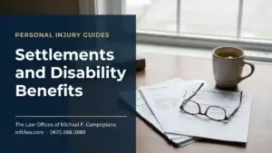Medical bills and a government benefits letter on a desk, illustrating how an injury settlement can affect disability benefits