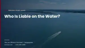 Aerial view of a speedboat crossing a coastal bay, with the headline Who Is Liable on the Water