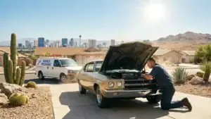 Mobile mechanic inspecting car AC system in Las Vegas heat