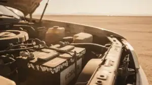 Car battery under the hood in extreme Las Vegas summer heat showing corrosion on terminals