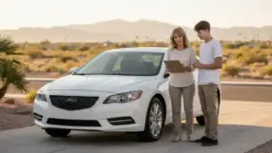 Parent using a teen driver car safety checklist beside a vehicle in Las Vegas