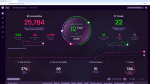 Cyber risk dashboard with vulnerabilities and threats.