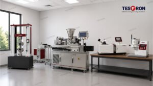 Complete polymer testing equipment setup with twin-screw extruder, injection molding machine, MFI tester and universal testing machine