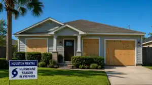 A single-story houston rental house with all windows and garage doors securely boarded up with plywood, showcasing a critical item on a hurricane preparedness checklist. A blue and white sign in the foreground warns, 'houston rental, hurricane season be prepared. '