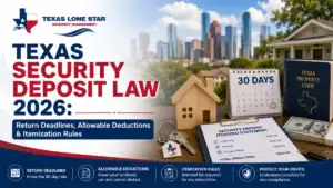 Texas security deposit law 2026 graphic with a 30-day calendar, texas property code book, security deposit itemized statement, miniature house, and keys, set against a city skyline.