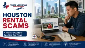 A man carefully examining a laptop screen displaying a suspicious 'charming home for rent' listing with a prominent red warning symbol, next to a 'rental checklist' notepad. The image is an infographic titled 'houston rental scams: a renter's guide to spotting red flags' by texas lone star property management.