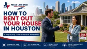 Texas lone star property management ad with a smiling man handing house keys to a smiling woman in front of a house and houston skyline, titled 'how to rent out your house in houston'.