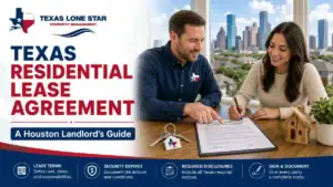 Man and woman signing a texas residential lease agreement with the houston skyline in the background, featuring the texas lone star property management logo.
