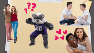 Willie the Wildcat poses alongside several happy couples.