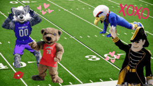 Various mascots are overlayed on top of a football field.