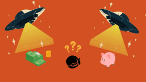 Dillo Day UFOs surround money, a piggy bank, and question marks over the Dillo logo.