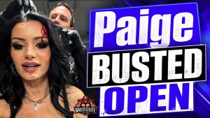 Paige showing visible blood and injury aftermath following chaotic WWE SmackDown segment
