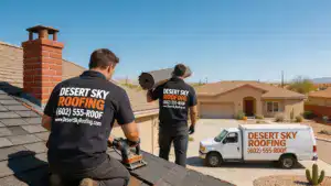Wide 16:9 professional commercial photography of two roofing technicians working on the roof of a large, suburban residential home in a bright, sunny Phoenix, Arizona climate. One technician in the mid-ground is kneeling, actively using a pneumatic nail gun to install new architectural asphalt shingles near a chimney, while a second technician in the mid-ground is carrying a bundle of shingles. Both are wearing high-quality branded work shirts/polo shirts with a professional logo on the back that reads "DESERT SKY ROOFING" in bold white and copper-orange letters, followed by a phone number "(602) 555-ROOF" and a website "www.DesertSkyRoofing.com" in a clean, perfectly legible sans-serif font. In the background, at ground level, a large work truck is parked on the driveway, wrapped in a full, matching "DESERT SKY ROOFING" design with the identical contact info clearly visible. The focus is sharp, ensuring all text on the uniforms and the truck is crisp and perfectly readable. Bright desert sunlight casts clear shadows. No yard signs or ground-level coroplast signs in the frame.