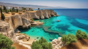 An enchanting scene showcasing the natural beauty and captivating charm of the Isle of Cyprus, featuring:nn- A stunning coastline with crystal-clear turquoise waters and golden sandsn- Majestic cliffs