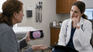 Medical gaslighting and Morgellons patient documentation during a doctor appointment.