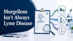 Medical-style featured image reading “Morgellons Isn’t Always Lyme Disease,” with a patient chart, magnifying glass, microscope, tick icon, and diagnostic pathways representing careful investigation.