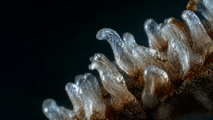 Microscopy-inspired illustration of translucent follicular casts clustered on an amber-colored specimen against a dark background.