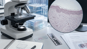 Microscope and skin-biopsy slide beside a magnified histology section and medical research papers.