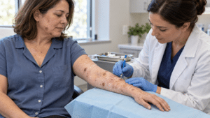 AI illustration of a dermatologist performing a punch biopsy on a woman’s forearm with varied skin lesions and pigmentation changes.