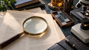 Magnifying glass over research papers beside glass slides and a laboratory microscope.