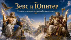 Зевс и Юпитер сидят на тронах среди облаков, молний, орлов, Олимпа и Римского форума