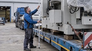 Fahrer ermittelt die Höhe einer Industriemaschine