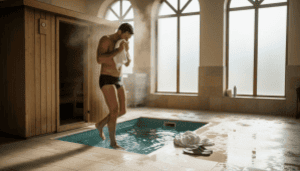 Athlete transitioning from sauna to plunge pool