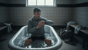 Athlete in ice bath recovering muscles