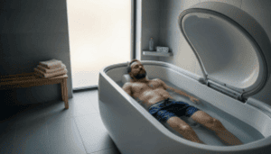 Man relaxing in float therapy pod