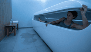 Woman preparing for floatation pod sensory therapy