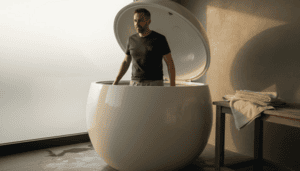 Man leaving sensory deprivation pod