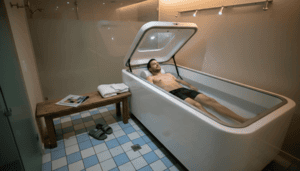 Man relaxing in sensory deprivation floatation pod