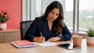 Woman writing notes at a desk in a bright office