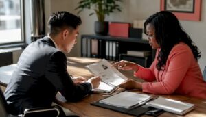 Two people reviewing threat assessment documents at a desk