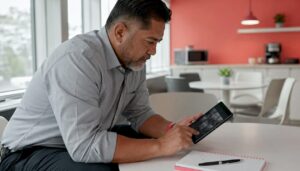 Man reviewing a tablet at a table in a bright office break room