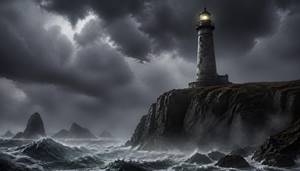 A tall, weathered solitary lighthouse standing on a jagged cliff edge under a stormy dark sky, glowing faintly with a glowing yellow light at the top. Surreal mist and heavy rain fog surrounding the coastal ocean, subtle eerie atmosphere, photorealistic, cinematic lighting, dark moody colors, no text, no words.