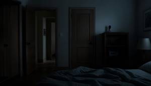 Cinematic photorealistic horror thumbnail, a quiet dimly lit bedroom at night, viewed from the perspective of someone sitting on the edge of the bed. A small pet camera is visible on a shelf, its tiny indicator light glowing faintly. Deep shadows fill the room, with an unsettling sense that something unseen is hiding nearby. The space looks completely ordinary but subtly wrong, eerie psychological horror atmosphere, cold blue-gray ambient lighting, realistic textures, cinematic composition, subtle film grain, high detail, no gore, no violence, no disturbing imagery, no text, no letters, no numbers, no logos, 2:1 aspect ratio, 300x150 composition.