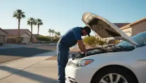 Mobile mechanic performing car maintenance for elderly driver at a Las Vegas residential home