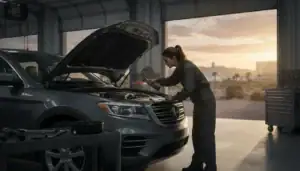 Pre road trip car inspection in Las Vegas — mechanic checking under the hood before a desert highway drive